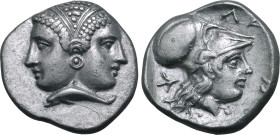 Mysia, Lampsakos AR Diobol. 4th-3rd century BC. Janiform female head; dolphin to left on neck / Helmeted head of Athena to right; ΛΑΜΨ around. Baldwin...