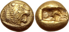 Kingdom of Lydia, Alyattes EL Trite - 1/3 Stater. Sardes, circa 610-560 BC. Head of roaring lion to right, sunburst with uncertain number of rays on f...