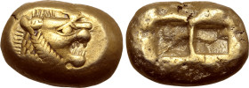 Kingdom of Lydia, Alyattes EL Trite - 1/3 Stater. Sardes, circa 600-561 BC. Head of roaring lion to right, sunburst with five rays on forehead / Two i...