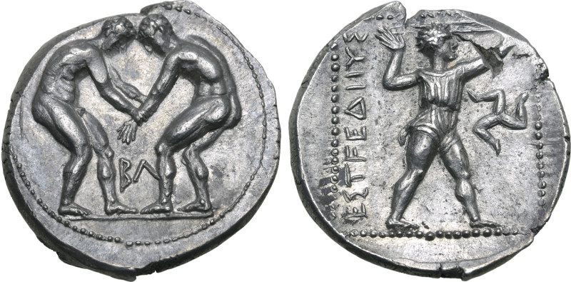 Pamphylia, Aspendos AR Stater. Circa 380-325 BC. Two wrestlers grappling; BΛ bet...