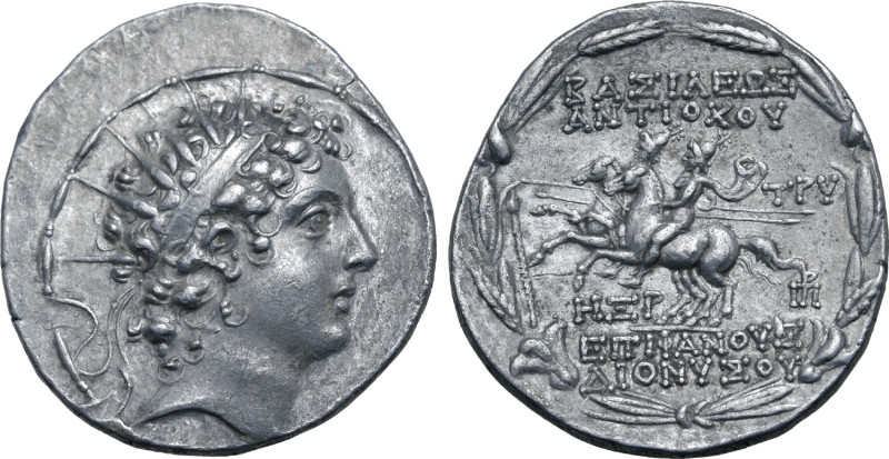 Seleukid Empire, Antiochos VI Dionysos AR Tetradrachm. Apameia, dated SE 168 = 1...