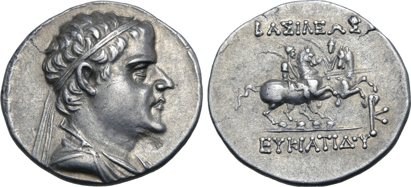 Greco-Baktrian Kingdom, Eukratides I Megas AR Drachm. Circa 170-145 BC. Diademed...