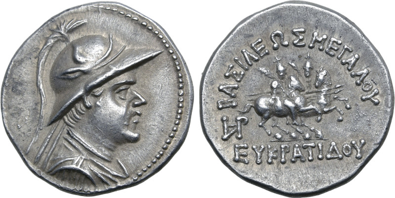 Greco-Baktrian Kingdom, Eukratides I Megas AR Drachm. Circa 170-145 BC. Diademed...