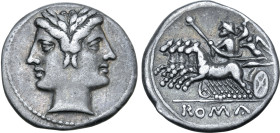 Anonymous AR Drachm (Half-Quadrigatus). Rome, circa 225-212 BC. Laureate head of Janus / Jupiter, holding sceptre and brandishing thunderbolt, in fast...