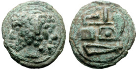 Anonymous Cast Æ As. Rome, 215-212 BC. Laureate head of Janus; all on a raised disk / Prow of galley to right; I (mark of value) above; all on a raise...