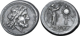 Anonymous AR Victoriatus. Rome, after 211 BC. Laureate head of Jupiter to right / Victory standing to right, crowning trophy; ROMA in exergue. Crawfor...