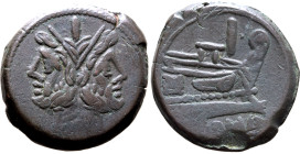 Anonymous Ӕ As. Rome, circa 170-160 BC. Laureate head of Janus; I (mark above) above / Prow of galley to right; I (mark of value) to right, ROMA in ex...