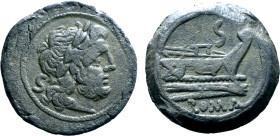 Anonymous Æ Semis. Rome, 206-195 BC. Laureate head of Saturn to right; S (mark of value) behind / Prow to right; S (mark of value) above, ROMA in exer...