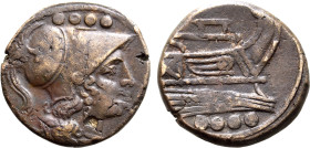 Anonymous Æ Triens. South Italian mint, circa 218-201 BC. Helmeted head of Minerva to right; •••• (mark of value) above / Prow of galley to right; •••...