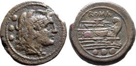 Anonymous Æ Quadrans. Rome, circa 218-201 BC. Head of Hercules to right, wearing lion skin headdress; ••• (mark of value) to left / Prow of galley to ...