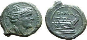 Anonymous Æ Semuncia. Rome, 215-212 BC. Draped bust of Mercury to right / Prow of galley to right; ROMA above. McCabe Group A2.Su; Crawford 41/11. 2.7...