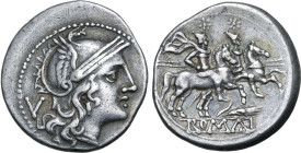 Corn Ear Series AR Quinarius. Sicily, 211-210 BC. Helmeted head of Roma to right; V (mark of value) behind / The Dioscuri galloping to right holding s...