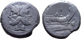 Dolphin Series Æ As. Sicily, 209-208 BC. Laureate head of Janus; I (mark of value) above / Prow to right; I (mark of value) above, dolphin before, ROM...