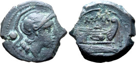 Spearhead Series Æ Uncia. Apulia, circa 209 BC. Helmeted head of Roma to right; • (mark of value) behind / Prow to right; ROMA above, spearhead before...