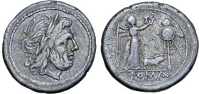 Sow Series AR Victoriatus. Rome, 206-195 BC. Laureate head of Jupiter to right / Victory standing to right, crowning trophy; between, sow standing to ...