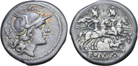 Dog Series AR Denarius. Rome, 206-195 BC. Helmeted head of Roma right; X (mark of value) behind / The Dioscuri on horseback to right, each holding spe...