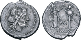 ME Series AR Victoriatus. Rome, 194-190 BC. Laureate head of Jupiter to right / Victory standing to right, crowning trophy; ME between, ROMA in exergu...