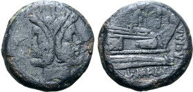 L. Mamilius Æ As. Rome, 189-180 BC. Laureate head of Janus; I (mark of value) above / Prow to right; above, Ulysses standing to right, holding staff; ...