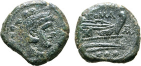 P. Juventius Thalna Æ Quadrans. Rome, 179-170 BC. Head of Hercules to right, wearing lion skin headdress; ••• (mark of value) behind / Prow to right; ...