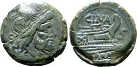 L. Cornelius Cinna Æ Semis. Rome, circa 169-158 BC. Laureate head of Saturn to right; S (mark of value) behind / Prow to right; CINA above, S (mark of...