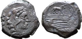 Ass Series Æ Quadrans. Rome, circa 169-158 BC. Head of Hercules to right, wearing lion skin headdress; ••• (mark of value) behind / Prow to right; abo...