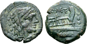 Q. Caecilius Metellus Æ Quadrans. Rome, 130 BC. Head of Hercules to right, wearing lion skin headdress; ••• (mark of value) behind / Prow to right; Q•...