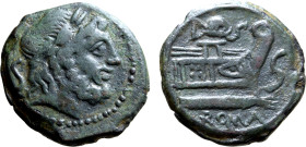 Elephant Head Series Æ Semis. Rome, circa 128 BC. Laureate head of Saturn to right; S (mark of value) behind / Prow to right; elephant head above, S (...