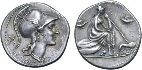 Anonymous AR Denarius. Rome, 115-114 BC. Head of Roma to right, wearing winged and crested helmet; X (mark of value) behind, ROMA below / Helmeted Rom...