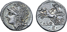 C. Coelius Caldus AR Denarius. Rome, 104 BC. Helmeted head of Roma to left / Victory driving galloping biga to left, holding reins; CALD below, :E• (c...