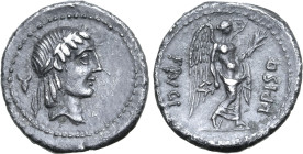 L. Calpurnius Piso Frugi AR Quinarius. Rome, 90 BC. Laureate head of Apollo to right; bucranium behind / Victory standing to right, holding palm over ...