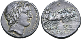 GAR OGVL VER Series AR Denarius. Rome, 86 BC. Laureate head of Apollo to right; thunderbolt below / Jupiter driving quadriga to right, holding reins a...