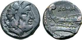 Anonymous Æ Semis. Rome, 86 BC. Laureate head of Saturn to right; S (mark of value) behind / Prow to left; ROMA above, S (mark of value) before. Crawf...