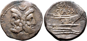 C. Cassius and L. Julius Salinator Æ As. Rome, 84 BC. Laureate head of Janus; crescent (mark of value) above / Prow to right inscribed D•S•S; L•SALI[N...