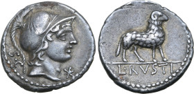 L. Rustius AR Denarius. Rome, 76 BC. Helmeted head of Mars to right; S•C behind, mark of value before / Ram standing to right; L•RVSTI in exergue. Cra...