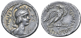 M. Plaetorius M. f. Cestianus AR Denarius. Rome, 67 BC. Bust of 'Vacuna' to right, wearing a wreathed and crested helmet, bow and quiver on shoulder; ...