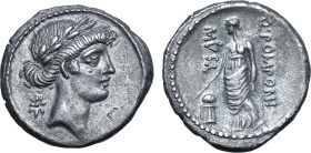 Q. Pomponius Musa AR Denarius. Rome, 66 BC. Laureate head of Apollo to right; star behind / Urania, the Muse of Astronomy, standing to left wearing lo...