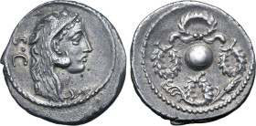 Faustus Cornelius Sulla AR Denarius. Rome, 56 BC. Bust of Hercules to right, wearing lion skin headdress; S•C behind / Globe surrounded by four wreath...