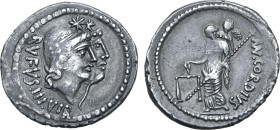 Mn. Cordius Rufus AR Denarius. Rome, 46 BC. Jugate heads of Dioscuri to right; RVFVS•III•VIR downwards behind / Venus Verticordia standing to left, ho...