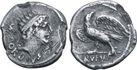 Mn. Cordius Rufus AR Quinarius. Rome, 46 BC. Radiate head of Sol to right, crown of short parallel rays; MN•CORDIVS below / Eagle standing to left, he...