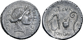 Julius Caesar AR Denarius. Uncertain mint, 46 BC. Head of Ceres to right, wearing grain-ear wreath; COS•TERT downwards behind, DICT•ITER upwards befor...