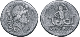 L. Valerius Acisculus AR Denarius. Rome, 45 BC. Laureate head of Jupiter to right; acisculus and ACISCVLVS behind; all within laurel wreath / Anguiped...