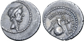 Julius Caesar AR Denarius. Rome, 42 BC. L. Mussidius Longus, moneyer. Laureate head to right / L•MVSSIDIVS• LONGVS, cornucopiae on globe, between rudd...