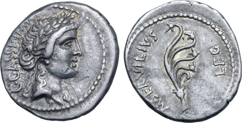 C. Cassius Longinus AR Denarius. M. Servilius, legate. Military mint moving with...