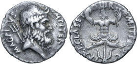 Sextus Pompey AR Denarius. Uncertain mint in Sicily (Catania?), 42-40 BC. MAG PIVS IMP ITER, diademed and bearded head of Neptune to right; trident ov...