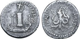 Sextus Pompey AR Denarius. Sicily, 42-40 BC. The Pharos of Messana surmounted by a statue of Neptune; in foreground, galley to left adorned with legio...