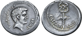 Marc Antony AR Denarius. Struck under Octavian, southern or central Italian mint, late 40-early 39 BC. Bare head to right; ANTONIVS upwards to left, I...