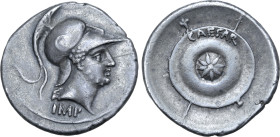 Octavian AR Denarius. Uncertain Italian mint (Rome?), autumn 30 - summer 29 BC. Helmeted head of Mars to right; IMP below / Round shield with eight-po...