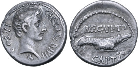 Octavian AR Denarius. Uncertain mint, 28 BC. CAESAR • DIVI • F COS • VI, bare head to right; capricorn to right below bust truncation / AEGYPTO CAPTA ...