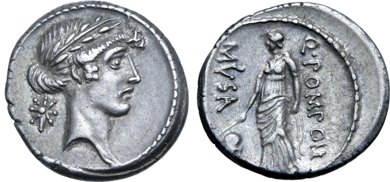 Q. Pomponius Musa AR Denarius. Rome, 66 BC. Laureate head of Apollo to right; st...