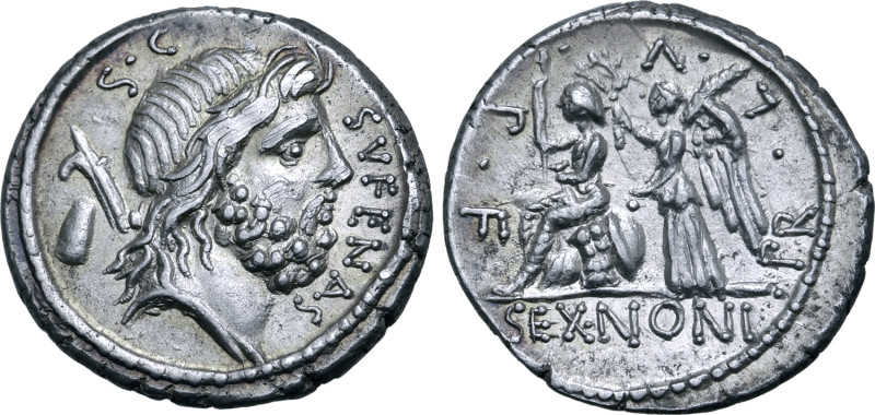 M. Nonius Sufenas AR Denarius. Rome, 59 BC. Bearded head of Saturn to right; har...